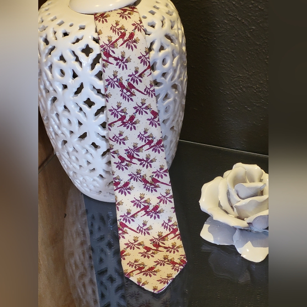 Hermes 7274 MA Ivory Silk Tie Purple/Magenta Birds On A Branch